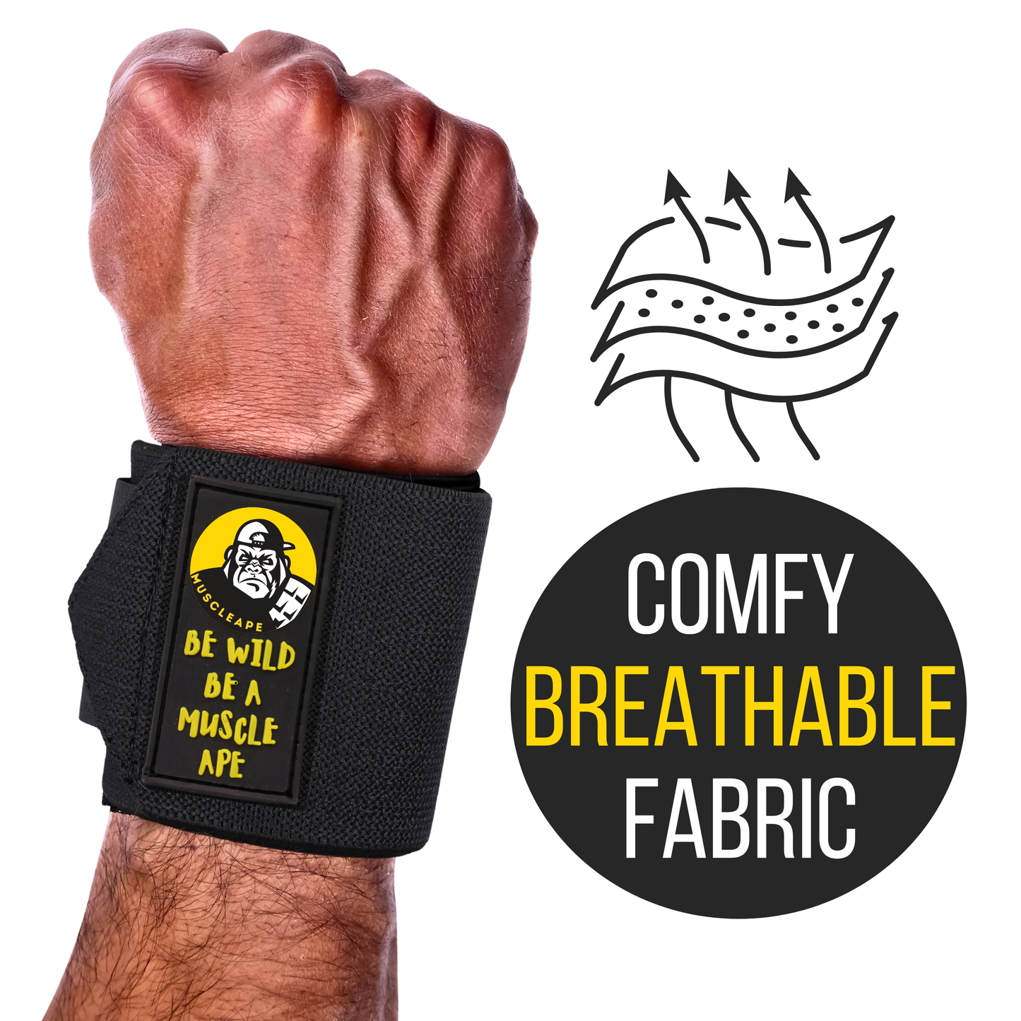 Muscleape Original Black Wrist Wraps for Weightlifting – Adjustable Gym Wrist Support with Thumb Loop– Flexible Lifting Straps for Men & Women – Powerlifting, Bench Press, CrossFit & Other Sports. | Powerlifting Wrist Support Gym | Muscleape