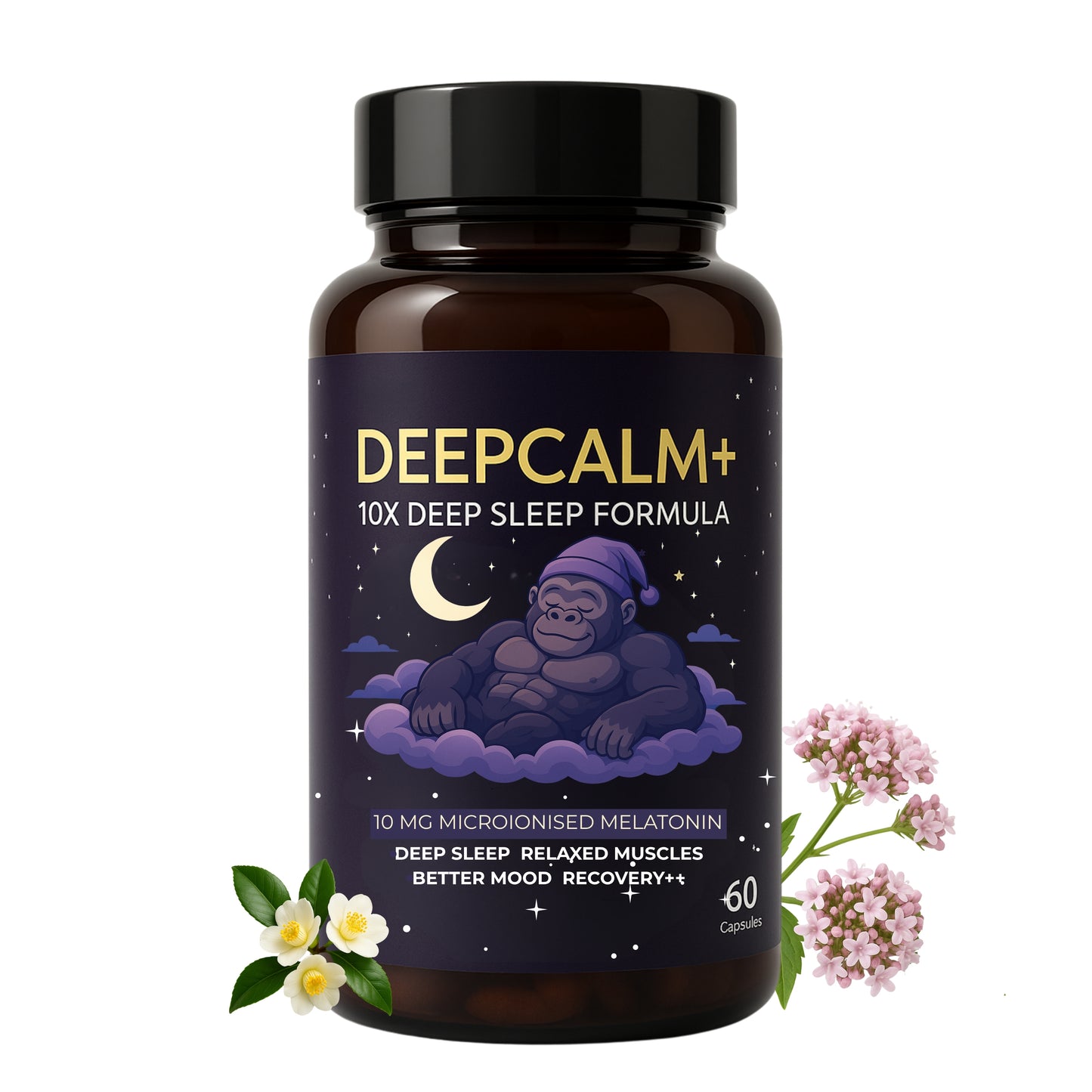 MuscleApe DeepCalm+ Sleep Supplement 60 Caps | 10mg Microionised Melatonin + L-Theanine, Magnesium, Glycine & Tagar | Recovery