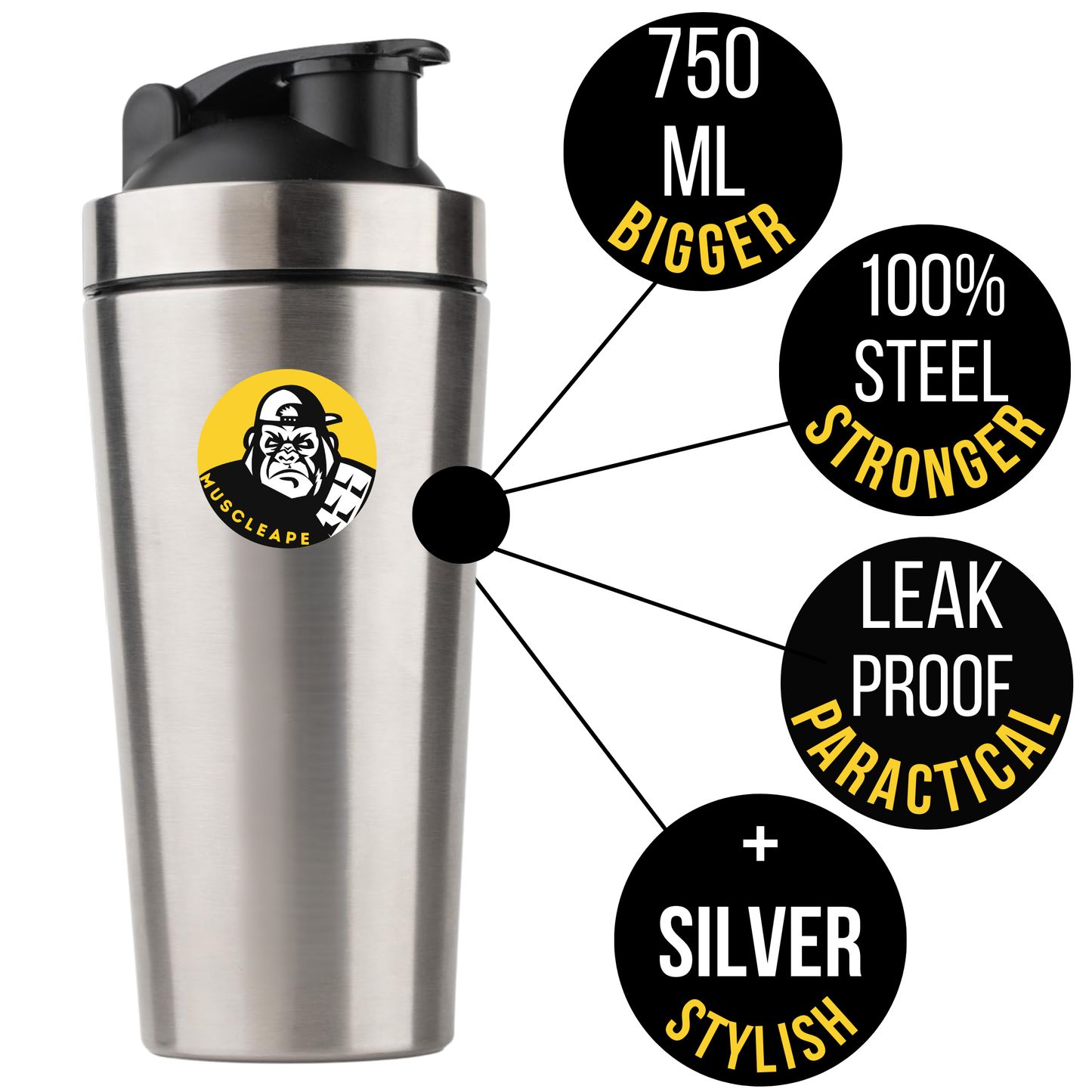 Muscleape Stainless Steel Shaker Bottle For Gym Silver 100% Leakproof Guarantee, Ideal For Protein, Pre Workout, Bcaas & Water Bpa Free Material, 750 milliliter. | | Muscleape