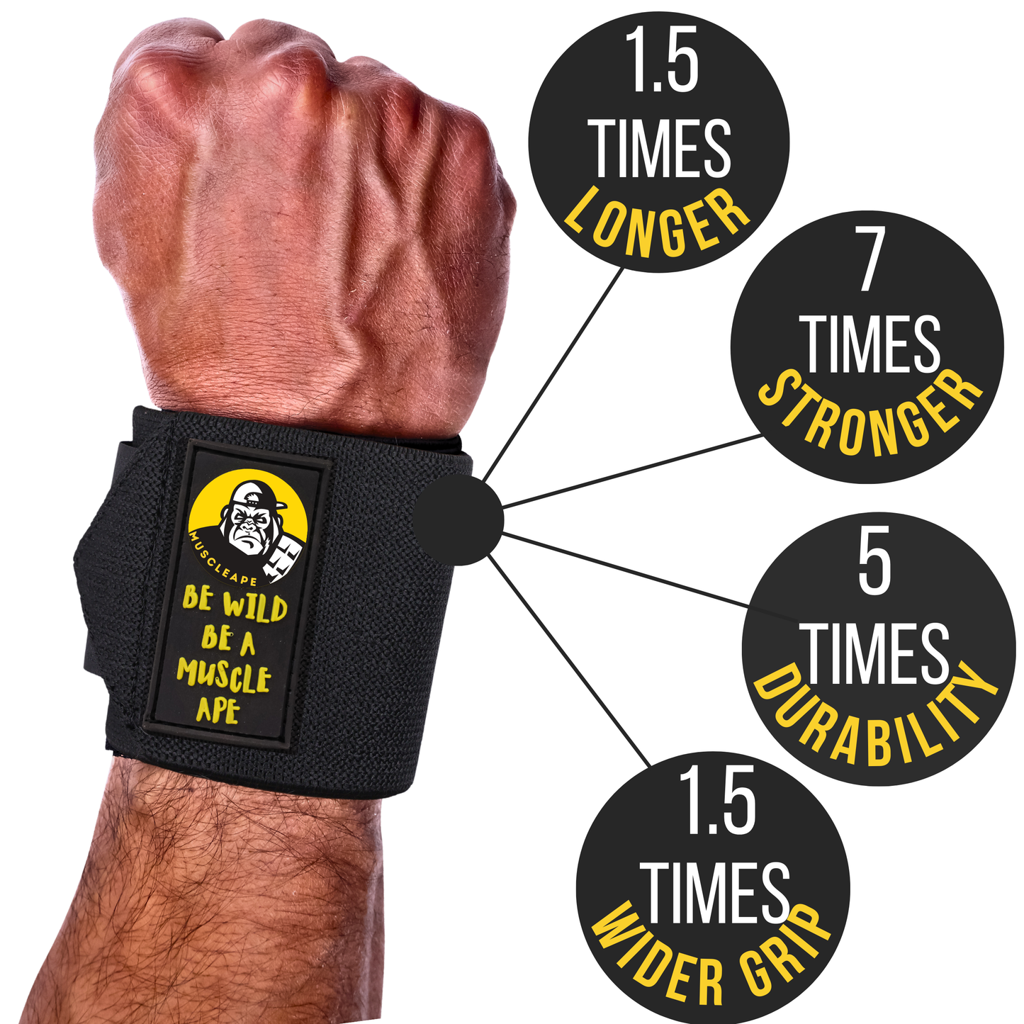Muscleape Original Black Wrist Wraps for Weightlifting – Adjustable Gym Wrist Support with Thumb Loop– Flexible Lifting Straps for Men & Women – Powerlifting, Bench Press, CrossFit & Other Sports. | Powerlifting Wrist Support Gym | Muscleape