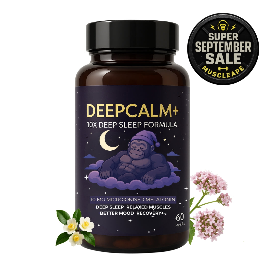 MuscleApe DEEPCALM+ 10X Deep Sleep Formula – 60 Capsules – 10 mg Microionised Melatonin + L-Theanine, Magnesium, L-Glycine & Tagar Extract – Natural Sleep Aid & Muscle Recovery Supplement