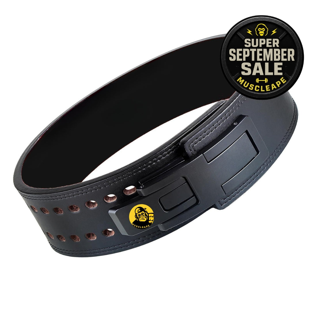 Muscleape 13mm Lever Belt. 4" Wide Genuine Leather. Quick-Release Steel Alloy Lever. Adjustable Powerlifting Belt With Lifetime Brand Warranty.