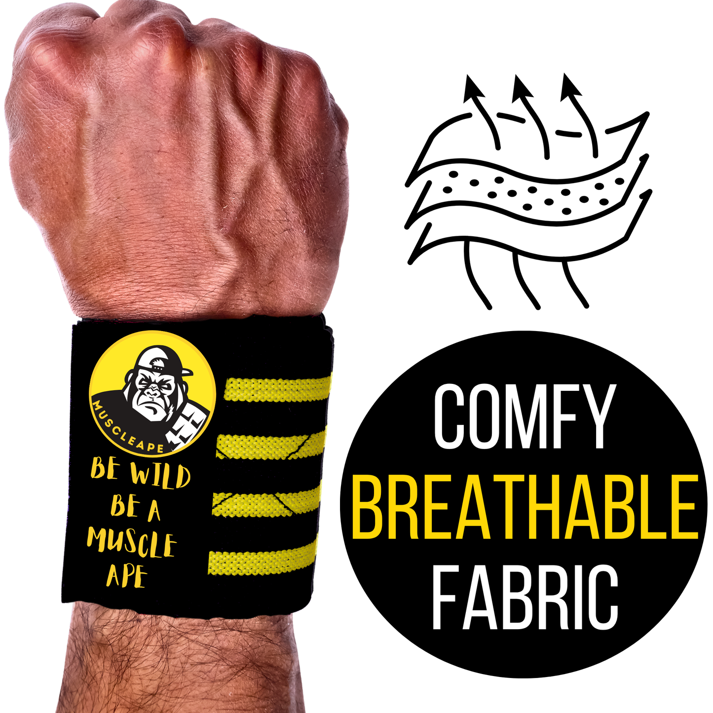Muscleape Wrist Wraps for Weightlifting – Adjustable Gym Wrist Support with Thumb Loop– Flexible Lifting Straps for Men & Women – Powerlifting, Bench Press, CrossFit & Other Sports. Bumblebee Edition | Powerlifting Wrist Support Gym | Muscleape