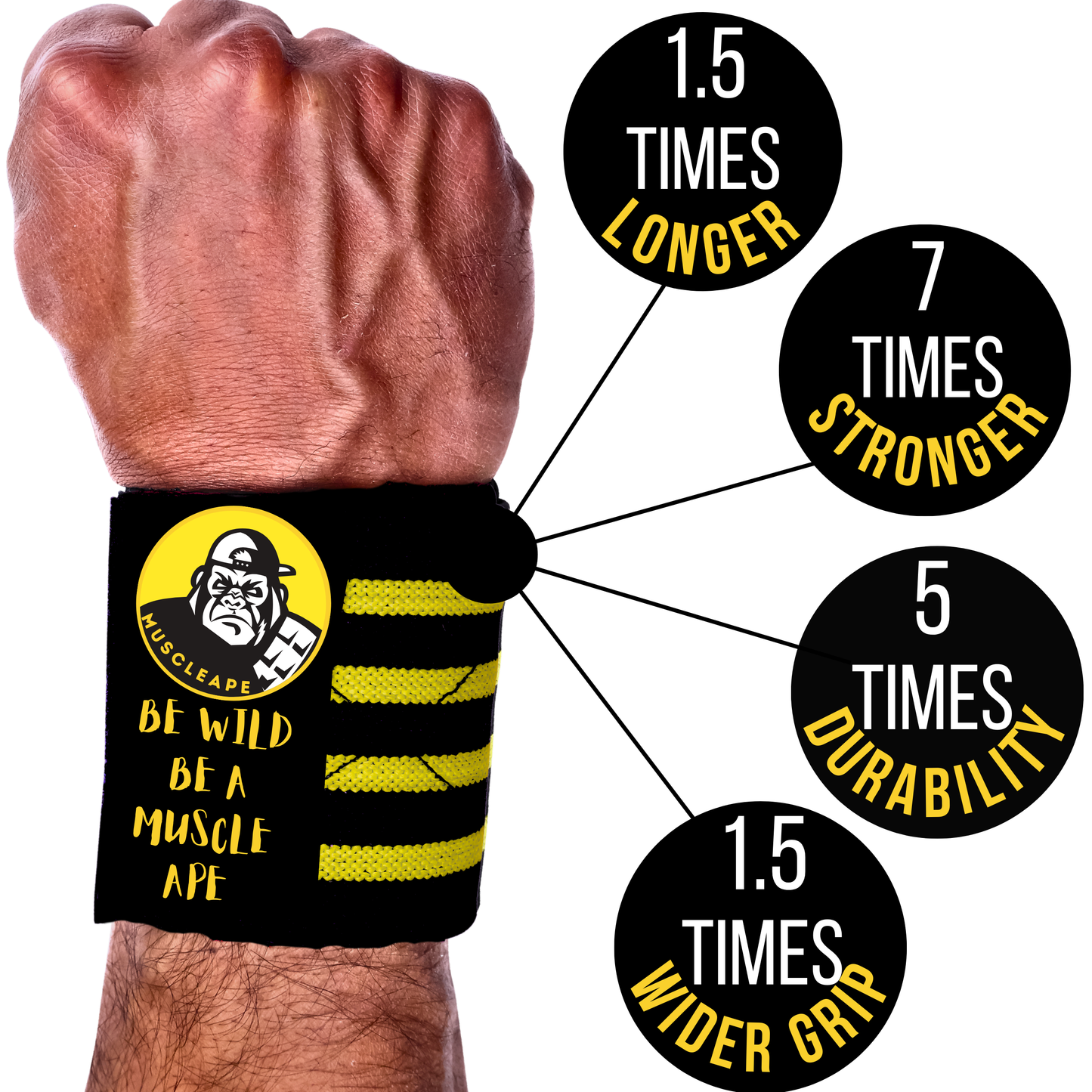 Muscleape Wrist Wraps for Weightlifting – Adjustable Gym Wrist Support with Thumb Loop– Flexible Lifting Straps for Men & Women – Powerlifting, Bench Press, CrossFit & Other Sports. Bumblebee Edition | Powerlifting Wrist Support Gym | Muscleape