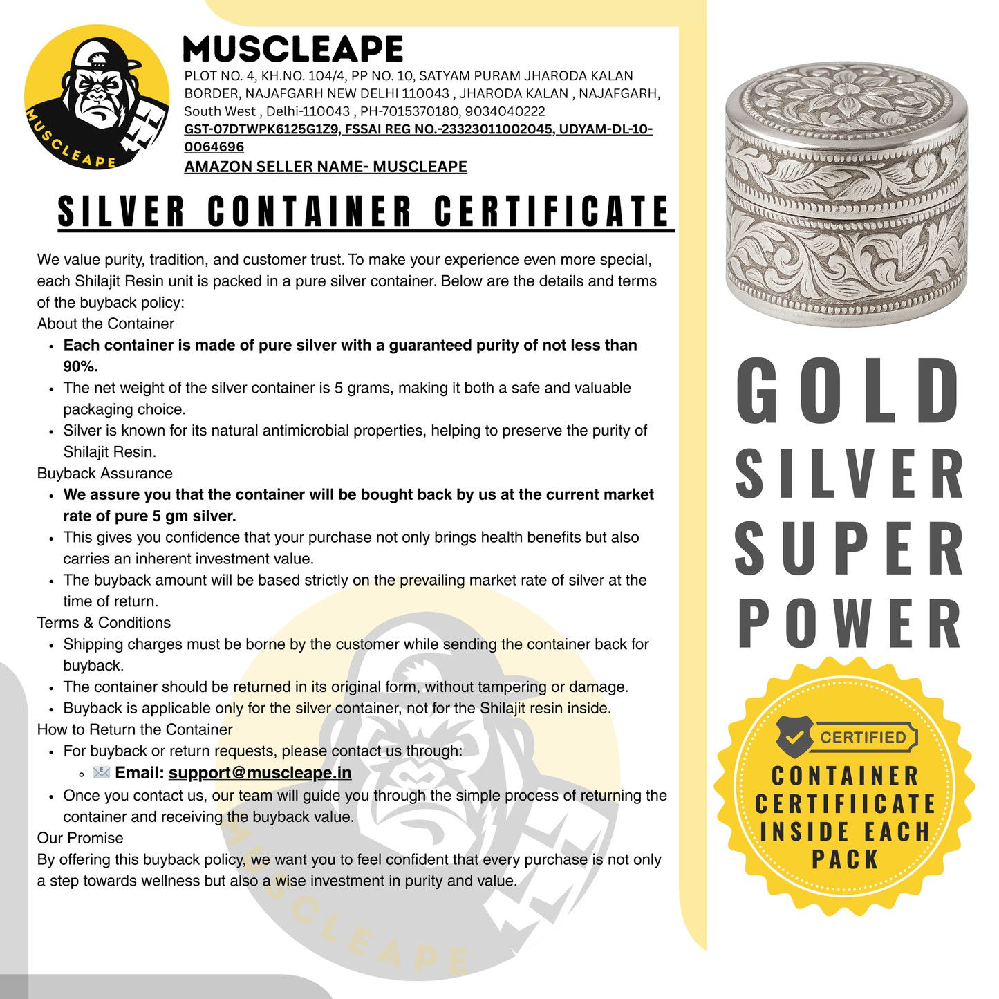 Muscleape Pure Himalayan Shilajit Resin (5 g) in Pure Silver Container | Enriched with Ashwagandha, Tribulus & 12+ Ayurvedic Herbs | 24K Gold Infused | Energy, Strength, Immunity & Vitality Support