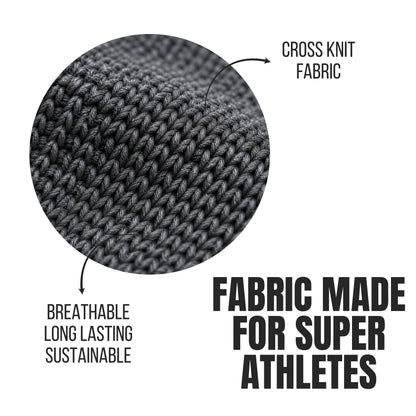 Close-up of cross-knit fabric with text highlighting features and sustainability.