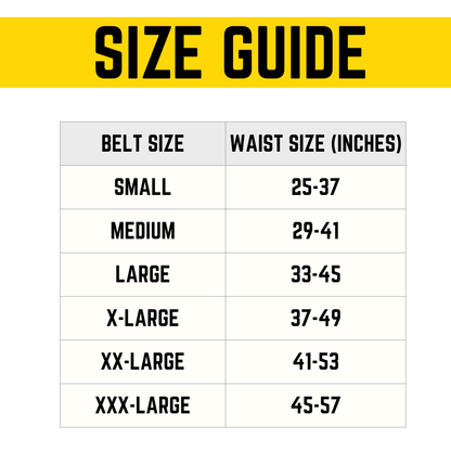 Size guide chart for belt sizes with waist measurements in inches on a white background.