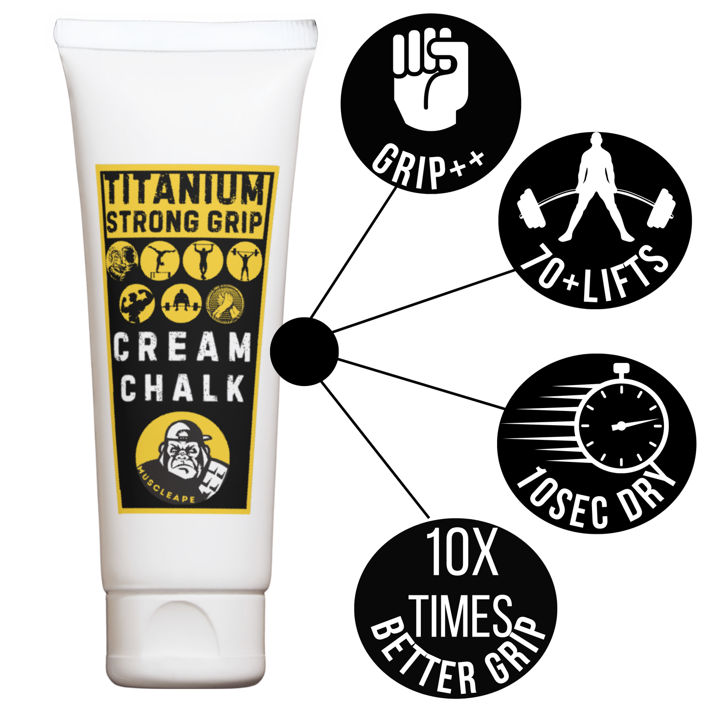 Muscleape Liquid Chalk Cream for Stronger Titanium Strenght Dry Grip. Sweat Free Hands for Weightlifting, Gym, Calisthenics, Gymnastics, CrossFit, Bodybuilding. Grip Harder- Lift Heavier. 250++ Lifts | | Muscleape
