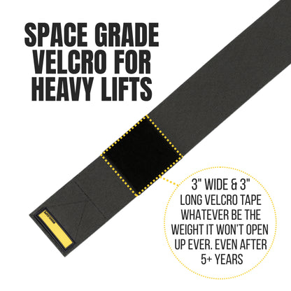 Black wrist wraps with velcro strap and text about space-grade velcro for heavy lifts on a white background