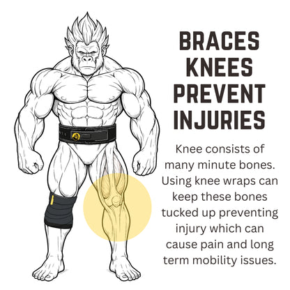 Illustration of a muscular figure wearing knee braces with text about preventing injuries.