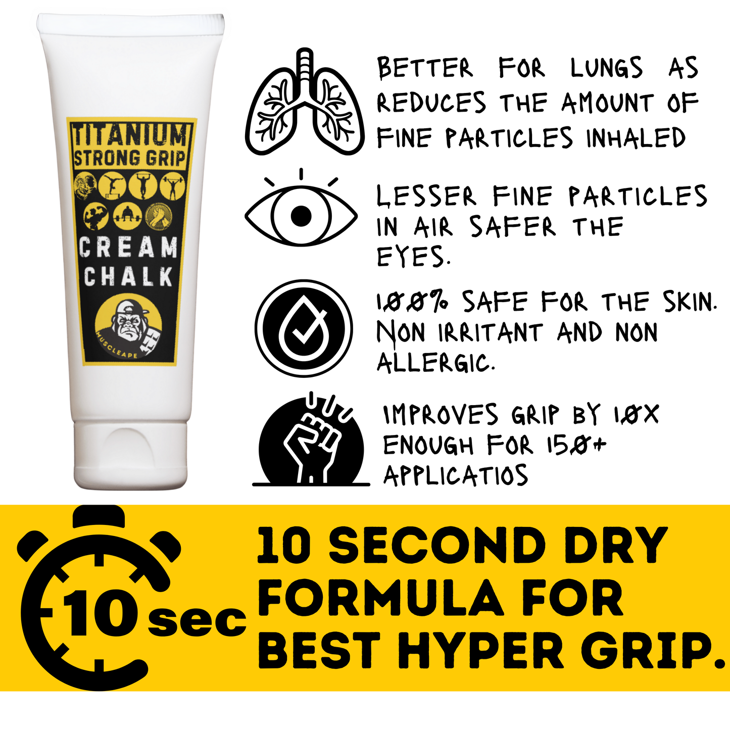 Muscleape Liquid Chalk Cream for Stronger Titanium Strenght Dry Grip. Sweat Free Hands for Weightlifting, Gym, Calisthenics, Gymnastics, CrossFit, Bodybuilding. Grip Harder- Lift Heavier. 250++ Lifts | | Muscleape