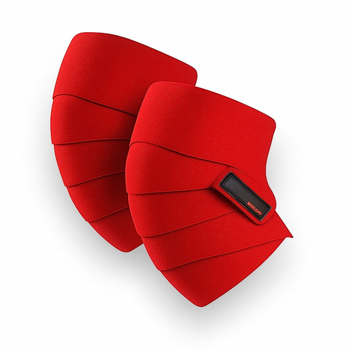 Red knee wraps for powerlifting with a brand label on a white background
