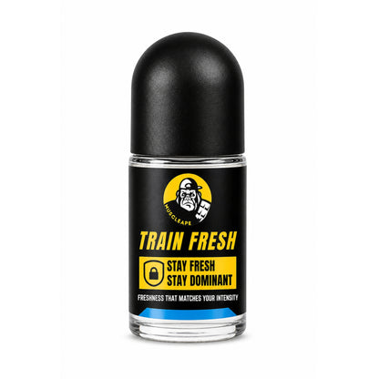 Deodorant roll-on bottle with black cap and yellow label on a white background Muscleape