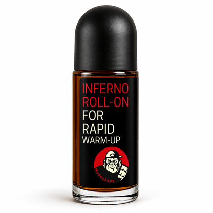 Roll-on bottle labeled 'Inferno Roll-On for Rapid Warm-Up' with a black cap on a white background.
