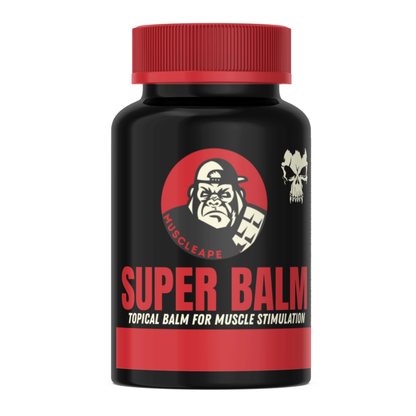 Black bottle of Muscleape Super Balm with red cap and label on a white background