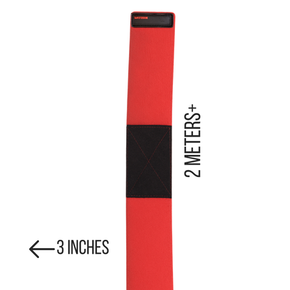 Red knee wrap with measurements on a white background