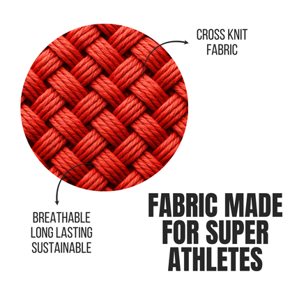Red cross-knit fabric with text highlighting features on a white background
