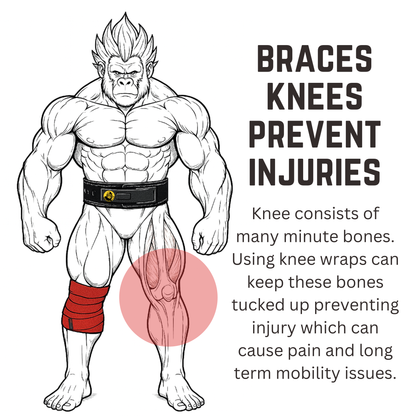 Illustration of a muscular character wearing a knee brace with text about knee injuries and wraps.