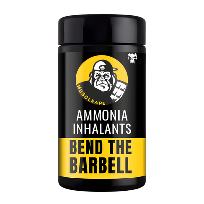 Black and yellow smelling salt with 'Muscleape' branding and text on a white background