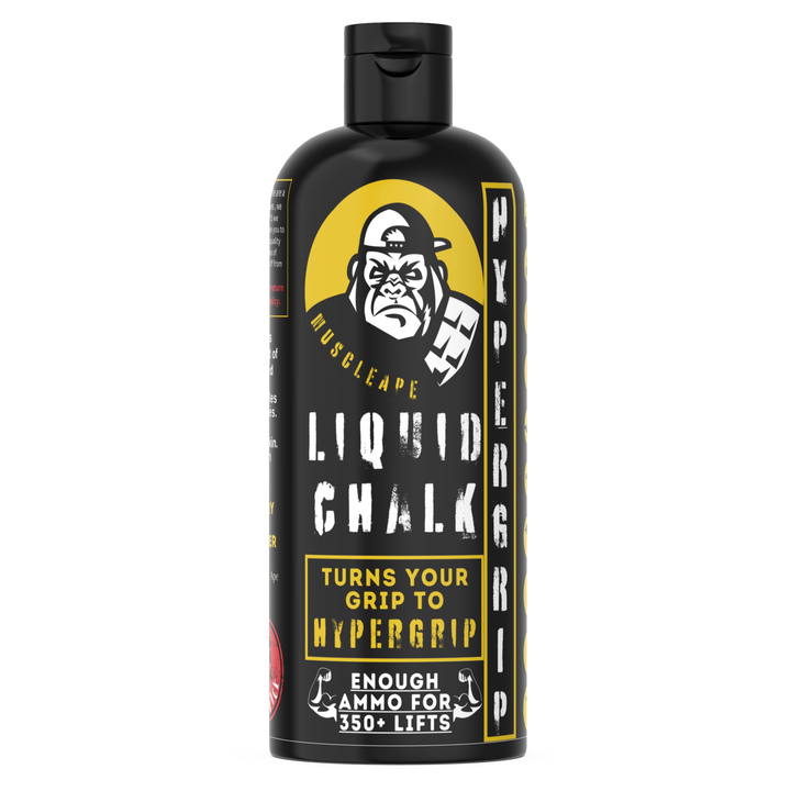 Black bottle of liquid chalk with yellow and white text on a white background