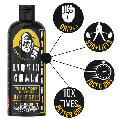 Muscleape Liquid Chalk bottle with features highlighted on a white background
