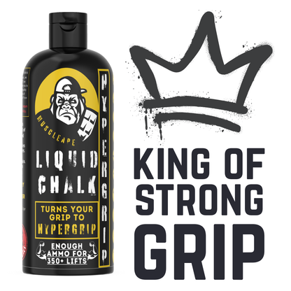 Muscleape Liquid Chalk bottle with a gorilla graphic and text on a white background