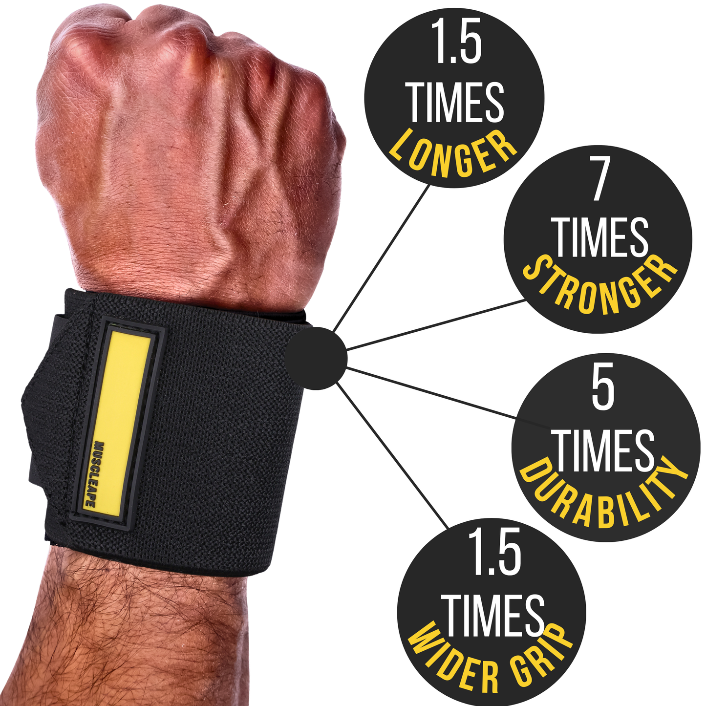 Muscleape Black Wrist Wraps for Weightlifting – Adjustable Gym Wrist Support with Thumb Loop– Flexible Lifting Straps for Men & Women – Powerlifting, Bench Press, CrossFit & Other Sports. | Powerlifting Wrist Support Gym | Muscleape