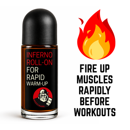Roll-on bottle labeled 'Inferno Roll-On' with a flame icon and text on a white background