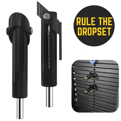 Black and silver gym equipment with 'Rule the Dropset' text on a white muscleape dropset pins for quickly performing dropsets background