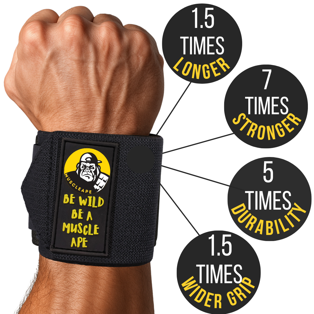 Muscleape Original Black Wrist Wraps for Weightlifting – Adjustable Gym Wrist Support with Thumb Loop– Flexible Lifting Straps for Men & Women – Powerlifting, Bench Press, CrossFit & Other Sports. | Powerlifting Wrist Support Gym | Muscleape