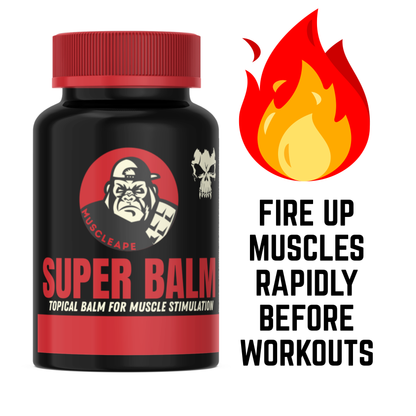 Muscleape Super Balm bottle with red cap and flame icon, text about muscle stimulation.