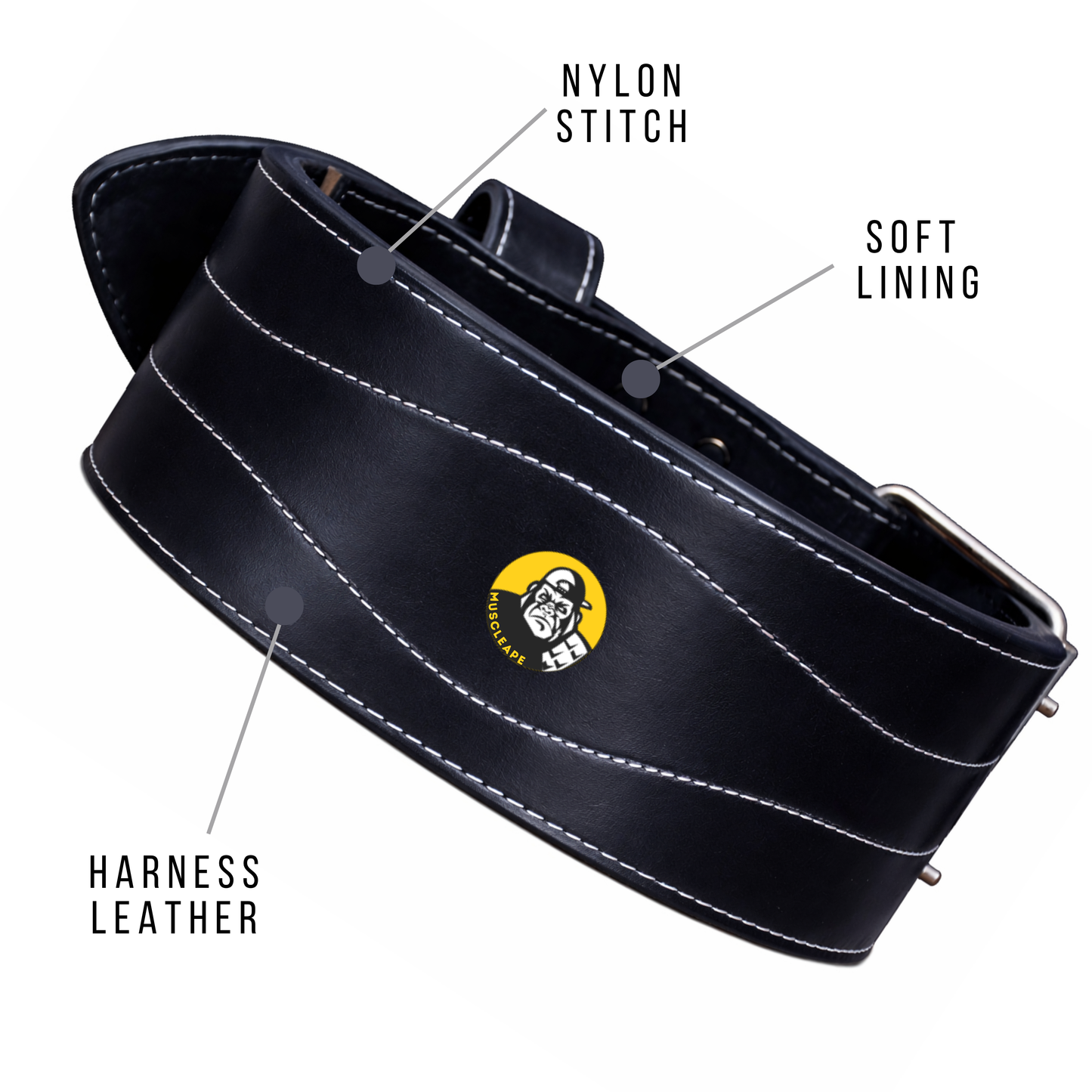 Muscleape Weight Lifting Belt for Men & Women, Black Harness Leather Gym Belt with Suede Back Support, Double Prong Buckle, 6 mm Thick 4 Inch Wide for Weightlifting, Powerlifting, Deadlift & Strength Training