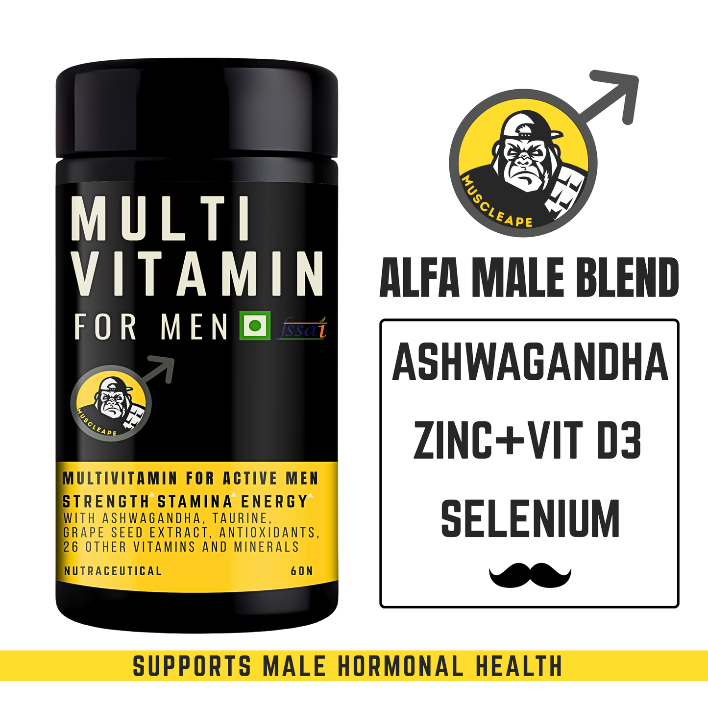 Muscleape Multivitamin for Men | 60 Veg Tablets | 26 Vitamins & Minerals