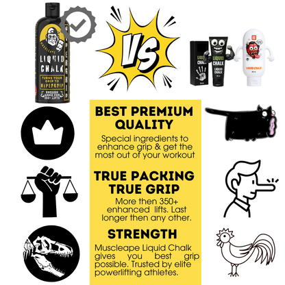 Promotional graphic for Liquid Chalk with product packaging, icons, and text on a white background.