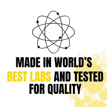 Logo with text 'Made in world's best labs and tested for quality' on a white background