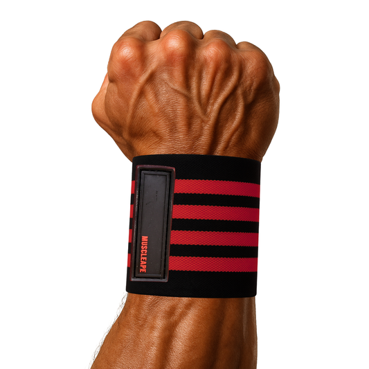 Muscleape Wrist Support Wraps for Gym| For Powerlifters, Bodybuilders and Other Strength Athletes| 3 Inches Velcro with Thumb Loop | Red-Black