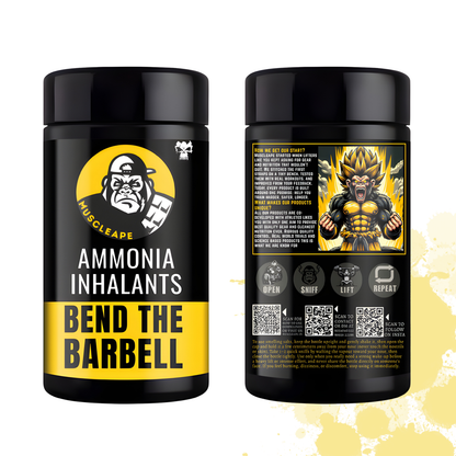Black and yellow container labeled 'Ammonia Inhalants' with a muscular figure on the label.