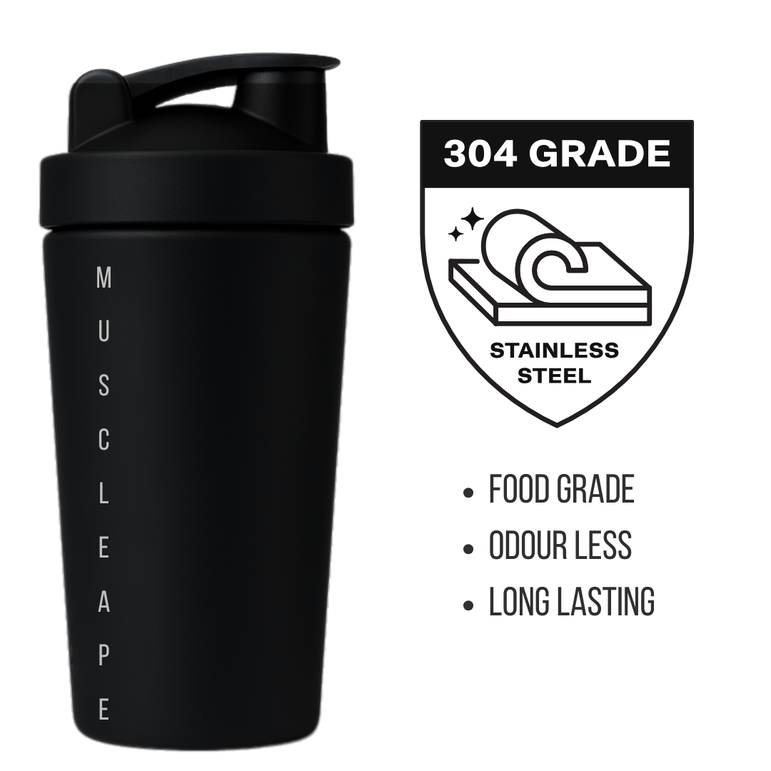 Muscleape Stainless Steel Shaker Bottle 900ml (Black) | 100% Leakproof, BPA-Free | Protein & Pre-Workout Mixer for Gym, BCAA & Water