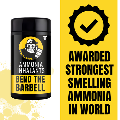 Ammonia inhalant container with branding and text on a yellow background