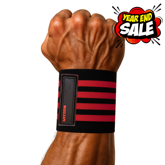 Muscleape Wrist Support Wraps for Gym| For Powerlifters, Bodybuilders and Other Strength Athletes| 3 Inches Velcro with Thumb Loop | Red-Black