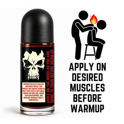 Roll-on bottle with skull design and application instructions on a white background