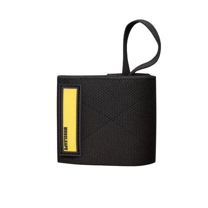 Black wallet with a yellow label on a white background