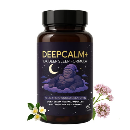 Bottle of Deepcalm+ supplement with a gorilla illustration on a white background