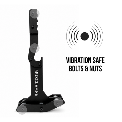A black metal mounting accessory with the brand name MUSCLEAPE printed vertically on it, shown on a white background next to text reading 'VIBRATION SAFE BOLTS & NUTS' and a simple vibration icon.