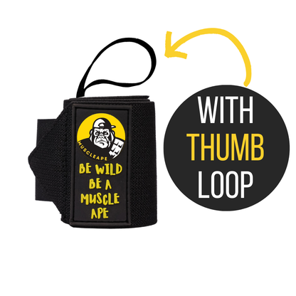 Black wrist wrap with 'Be Wild Be a Muscle Ape' text and logo, featuring a thumb loop.