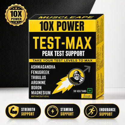Box of Muscleasepe 10X Power Test-Max supplement on a white background