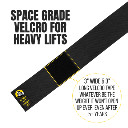 Black belt with velcro tape and text about space grade velcro for heavy lifts on a white background.  knee wraps for heavy squats 