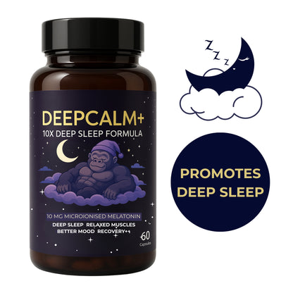 Bottle of DeepCalm+ supplement with packaging design and promotional text on a white background