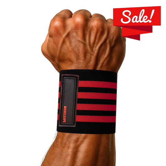Muscleape Wrist Support Wraps for Gym| For Powerlifters, Bodybuilders and Other Strength Athletes| 3 Inches Velcro with Thumb Loop | Red-Black