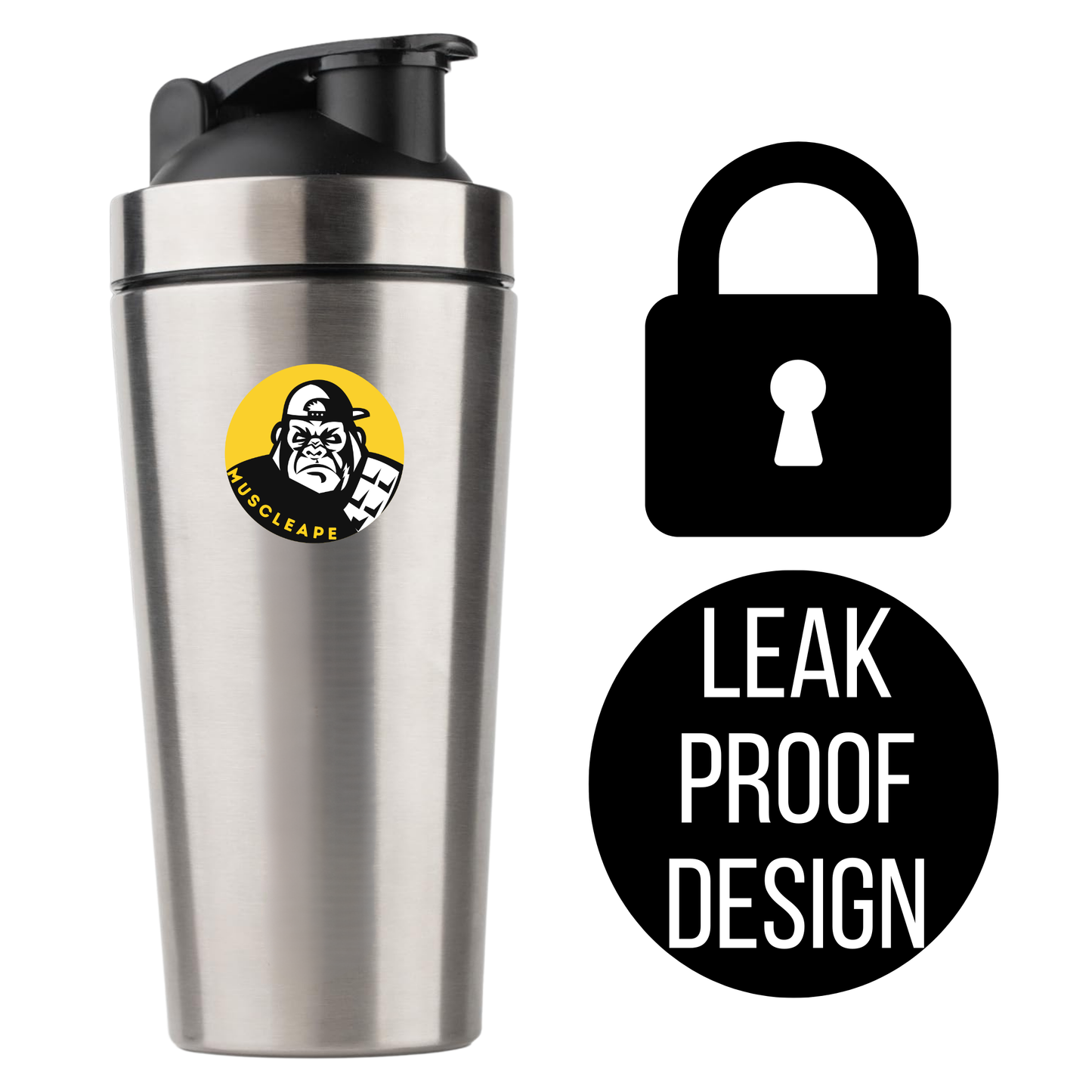 Muscleape Stainless Steel Shaker Bottle For Gym Silver 100% Leakproof Guarantee, Ideal For Protein, Pre Workout, Bcaas & Water Bpa Free Material, 750 milliliter. | | Muscleape